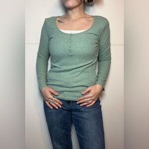 Soft Sage Green Ribbed Henley Long Sleeve Top Stretchy Casual Basic